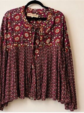 Free People Burgundy Floral Boho Tie-Front Peasant Tunic